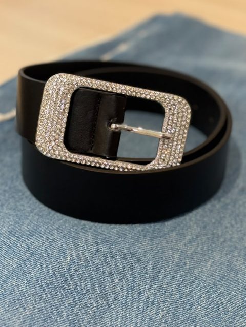Cinturón Hebilla Rectangular Strass Negro